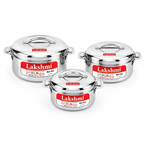 LAKSHMI Steam Insulated Stainless Steel Gift Set Casseroles| Easy to Carry Hot Boxes for Kitchen | Hot Food, Easy to Store| Silver| Set of 3 (1000,1500,2500ml)