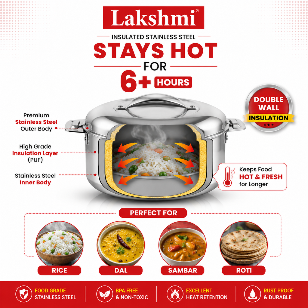 LAKSHMI Steam Insulated Stainless Steel Gift Set Casseroles| Easy to Carry Hot Boxes for Kitchen | Hot Food, Easy to Store| Silver| Set of 3 (1000,1500,2500ml)