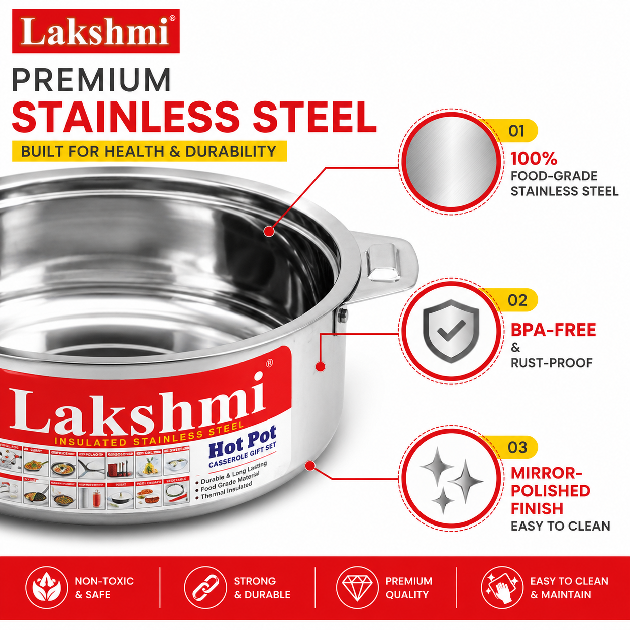 LAKSHMI Steam Insulated Stainless Steel Gift Set Casseroles| Easy to Carry Hot Boxes for Kitchen | Hot Food, Easy to Store| Silver| Set of 3 (1000,1500,2500ml)