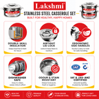 LAKSHMI Steam Insulated Stainless Steel Gift Set Casseroles| Easy to Carry Hot Boxes for Kitchen | Hot Food, Easy to Store| Silver| Set of 3 (1000,1500,2500ml)