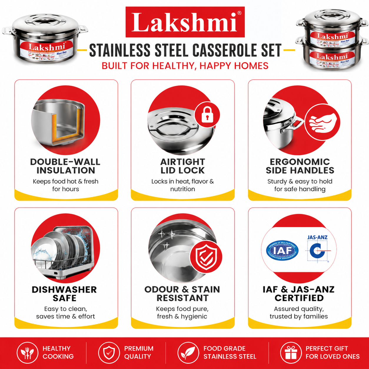 LAKSHMI Steam Insulated Stainless Steel Gift Set Casseroles| Easy to Carry Hot Boxes for Kitchen | Hot Food, Easy to Store| Silver| Set of 3 (1000,1500,2500ml)