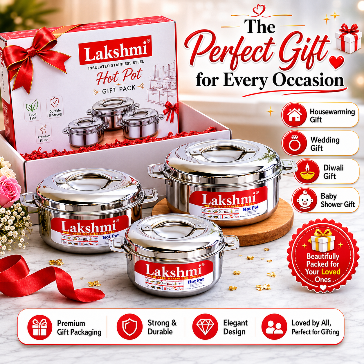 LAKSHMI Steam Insulated Stainless Steel Gift Set Casseroles| Easy to Carry Hot Boxes for Kitchen | Hot Food, Easy to Store| Silver| Set of 3 (1000,1500,2500ml)