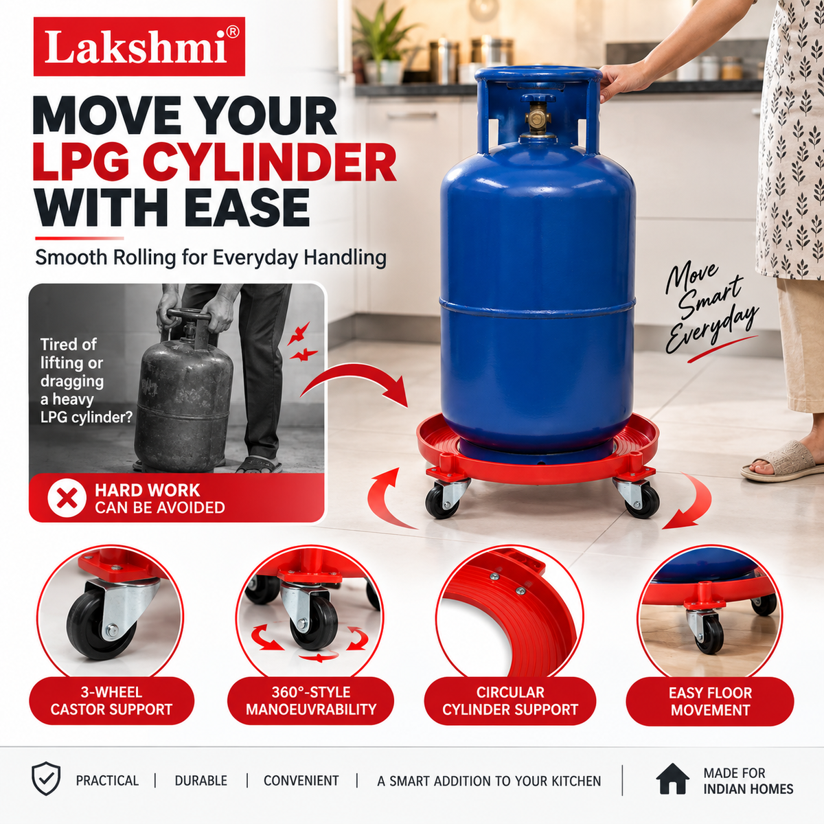 Lakshmi LPG Cylinder Trolley | Heavy Duty Gas Cylinder Stand with Wheels
