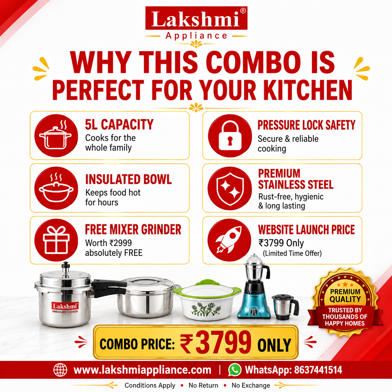 Lakshmi appliance Kitchen Combo offer- 5L Pressure Cooker + 1500 ml Stainless Steel Casserole + 3000 Ml insulated serving Bowl + FREE Mixer Grinder | combo Price  ₹3799