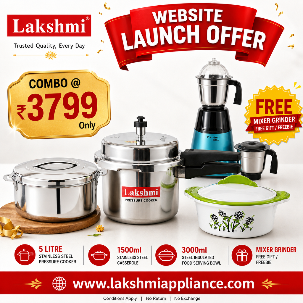 Lakshmi appliance Kitchen Combo offer- 5L Pressure Cooker + 1500 ml Stainless Steel Casserole + 3000 Ml insulated serving Bowl + FREE Mixer Grinder | combo Price  ₹3799