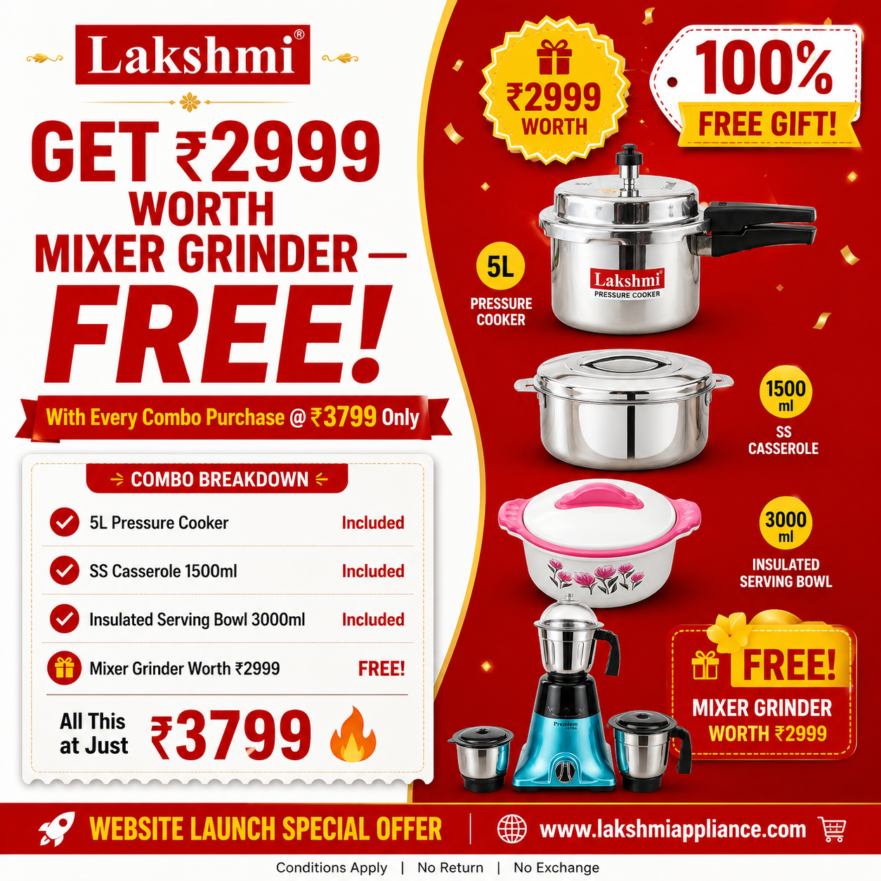 Lakshmi appliance Kitchen Combo offer- 5L Pressure Cooker + 1500 ml Stainless Steel Casserole + 3000 Ml insulated serving Bowl + FREE Mixer Grinder | combo Price  ₹3799