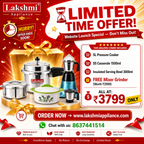 Lakshmi appliance Kitchen Combo offer- 5L Pressure Cooker + 1500 ml Stainless Steel Casserole + 3000 Ml insulated serving Bowl + FREE Mixer Grinder | combo Price  ₹3799