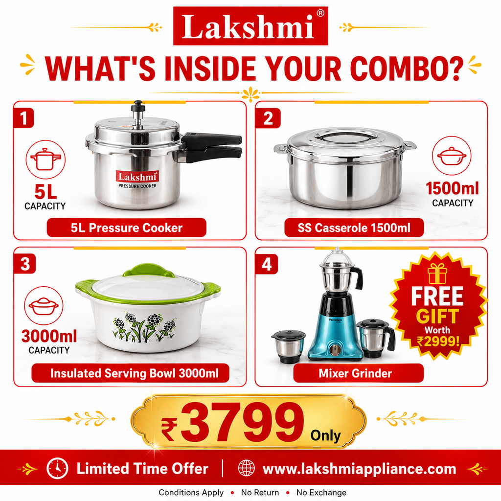Lakshmi appliance Kitchen Combo offer- 5L Pressure Cooker + 1500 ml Stainless Steel Casserole + 3000 Ml insulated serving Bowl + FREE Mixer Grinder | combo Price  ₹3799