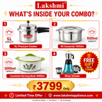 Lakshmi appliance Kitchen Combo offer- 5L Pressure Cooker + 1500 ml Stainless Steel Casserole + 3000 Ml insulated serving Bowl + FREE Mixer Grinder | combo Price  ₹3799